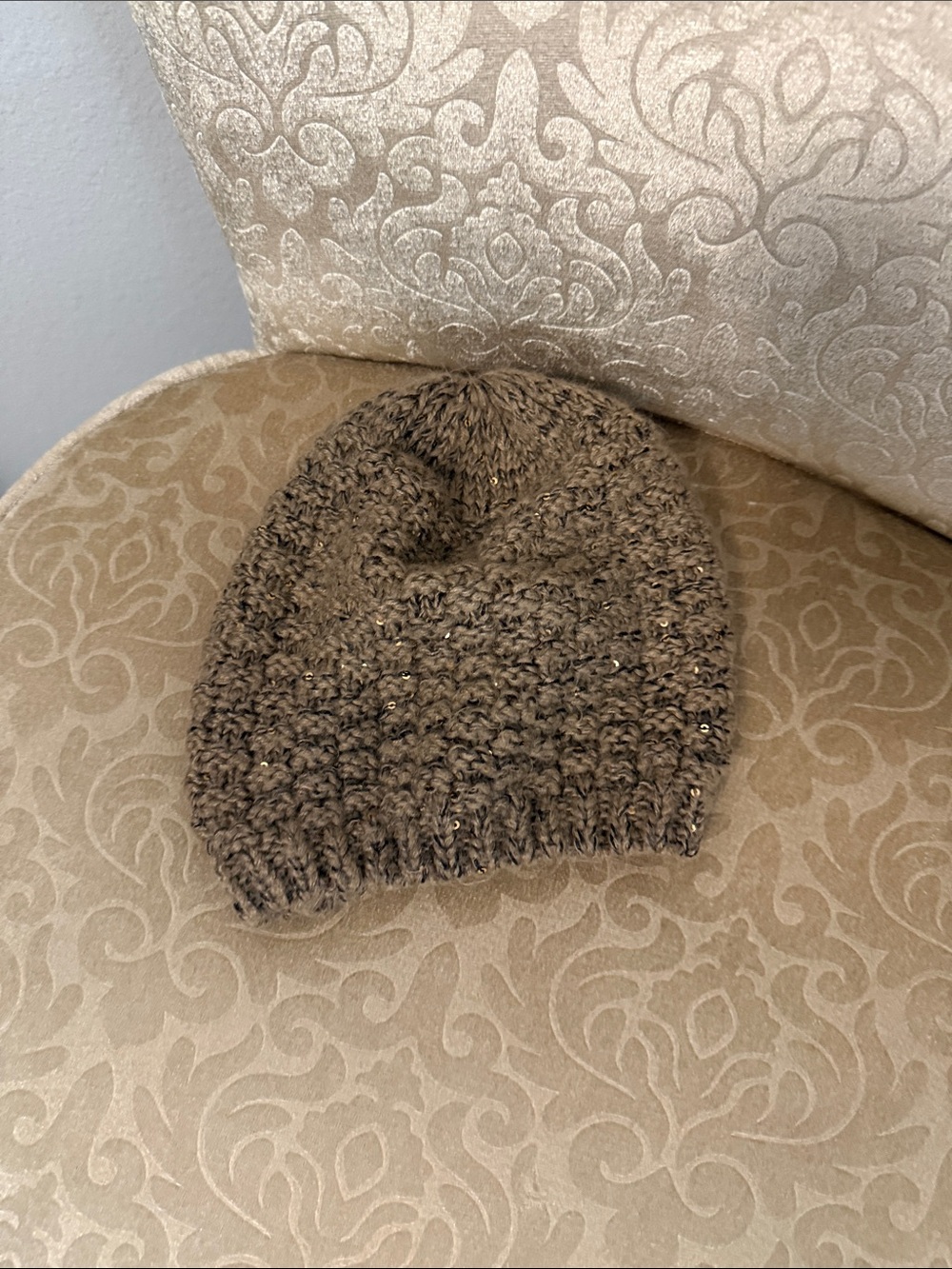 Chunky Knit Beanie with Subtle Metallic Threading - Brown